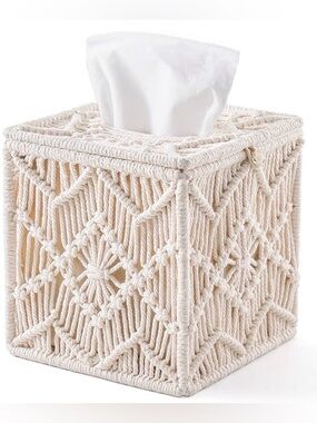 NIB Mkono Macrame Tissue Box Cover Ivory Boho Bathroom Decor Square